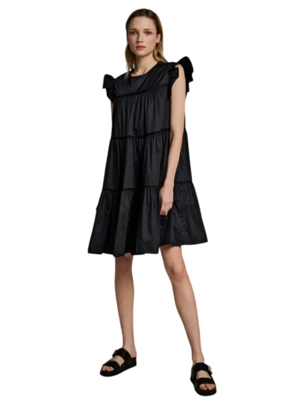 Devotion Twins Hope Mini Shift Dress Womens Small Black Crew Neck Cotton Tiered